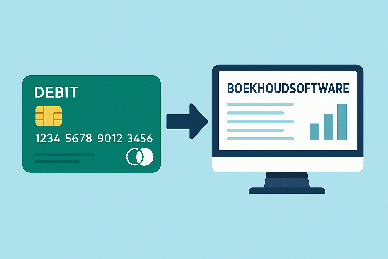 Illustratie van een groene debit creditcard die direct is gekoppeld aan boekhoudsoftware, met een pijl naar een computerscherm met de tekst 'Boekhoudsoftware' en grafieken.