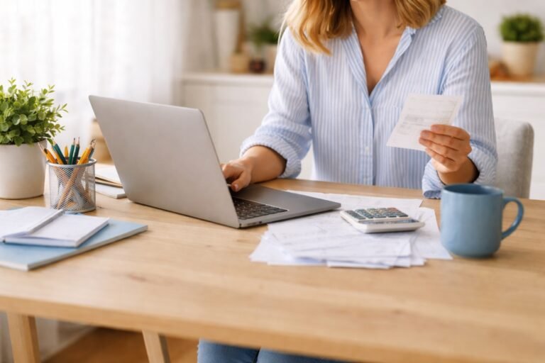 Ondernemer verwerkt administratie en aanloopkosten op laptop aan bureau met facturen en calculator.