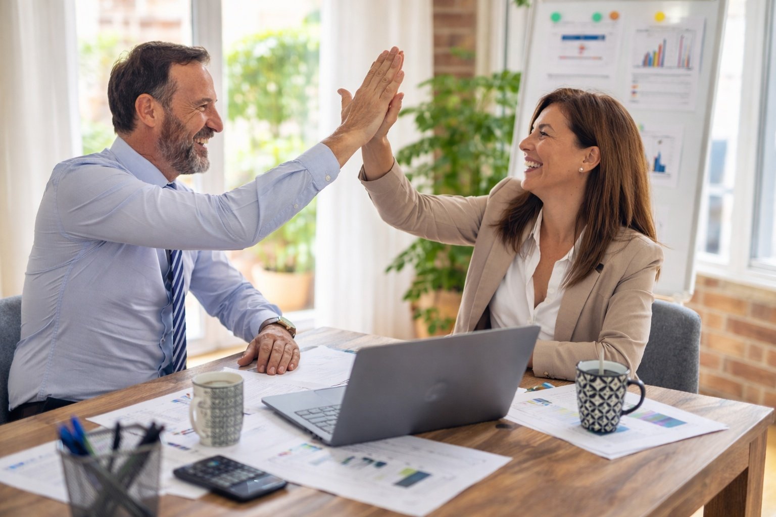 Een man en vrouw die een high-five aan elkaar geven tijdens het werken.