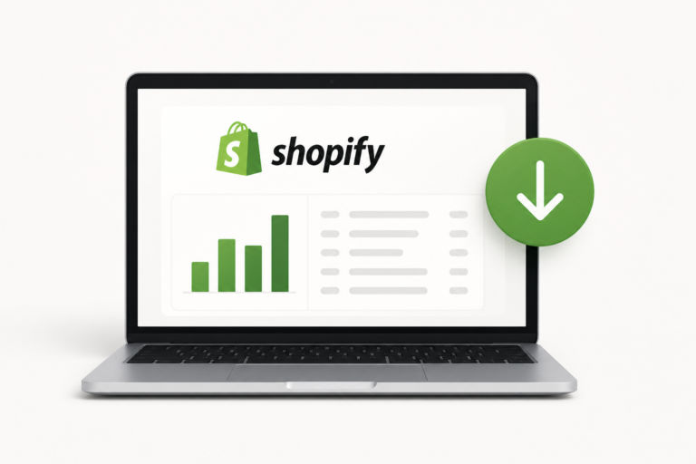 Minimalist image of a laptop with a webshop dashboard on a white background.